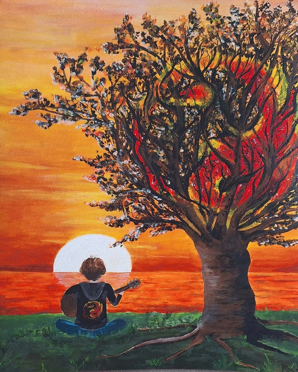 Illustration de Flow. assis avec sa guitare face au soleil couchant, sous un grand arbre